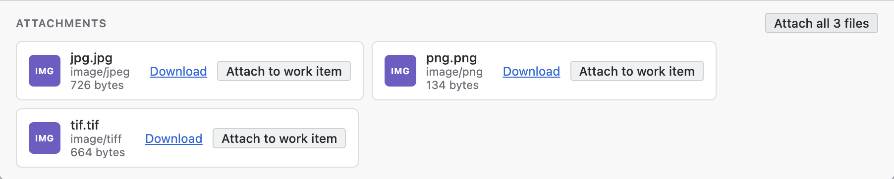 The attachments at the foot of a rendered email card: three file tiles, each with a Download link and an Attach to work item button, under an Attachments heading that carries an Attach all 3 files button.