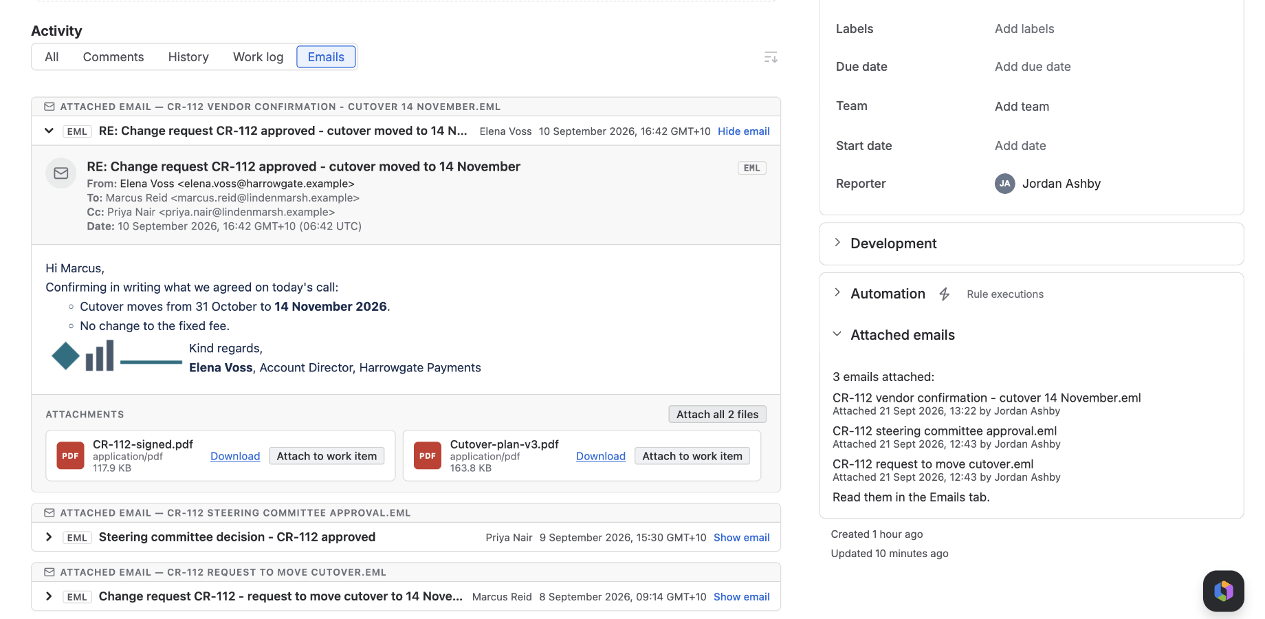 The Emails tab on a Jira issue showing three attached emails: the first expanded as a full email card with subject, sender, recipients, date and body, and two more collapsed to single header rows ending in Show email. Beside the tab, the issue's right-hand column shows its detail fields and the expanded Attached emails group.