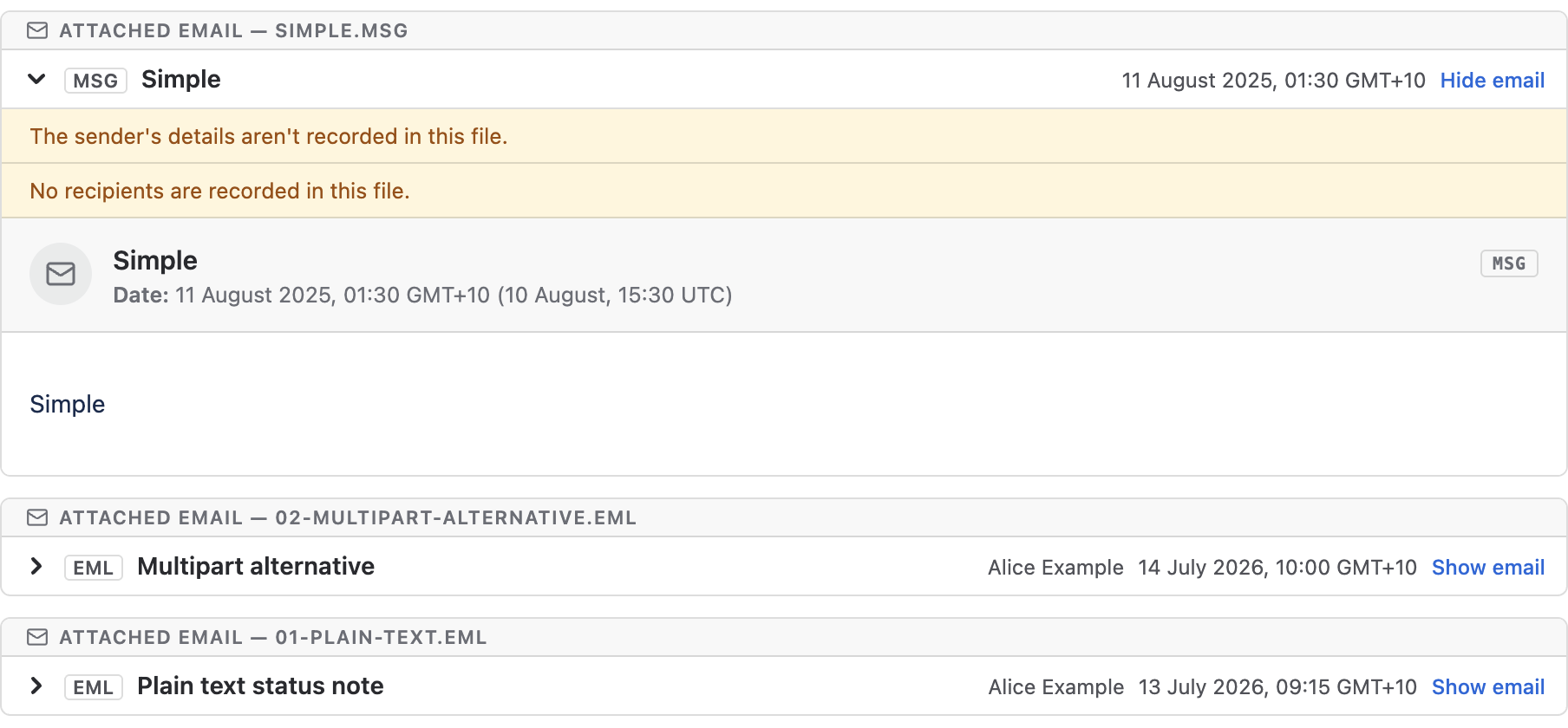 The Emails tab open on a Jira Service Management request in the agent view, with the first attached email rendered as a card.