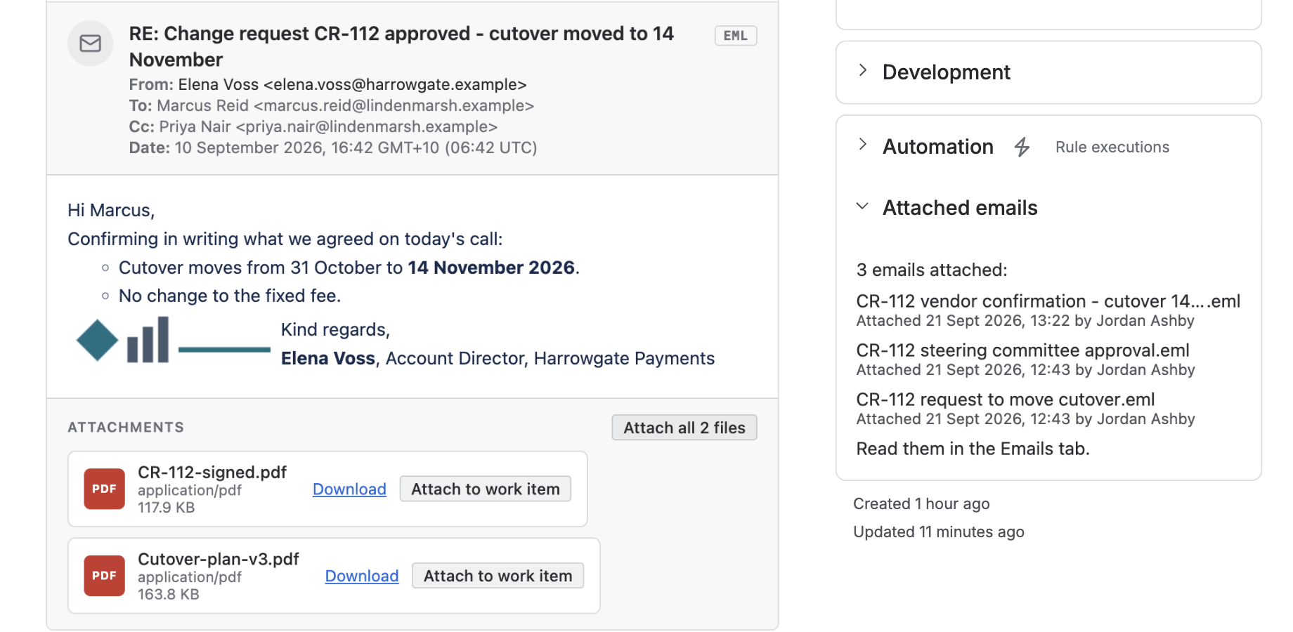The expanded Attached emails group in the sidebar of a Jira issue, reading "3 emails attached:" above three rows that each name an email file and the date and person who attached it, and "Read them in the Emails tab." beneath. To its left, the Emails tab shows the first of those emails rendered as a card with two attachment tiles.
