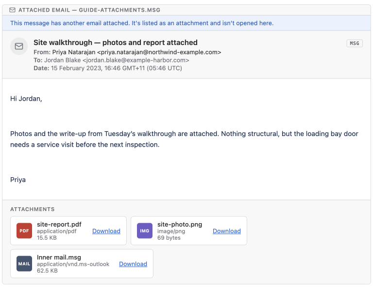 The attachment list at the foot of an email card: three tiles with type chips, names, types, sizes and Download links, including an attached email, above a note saying the attached email is listed and not opened here.