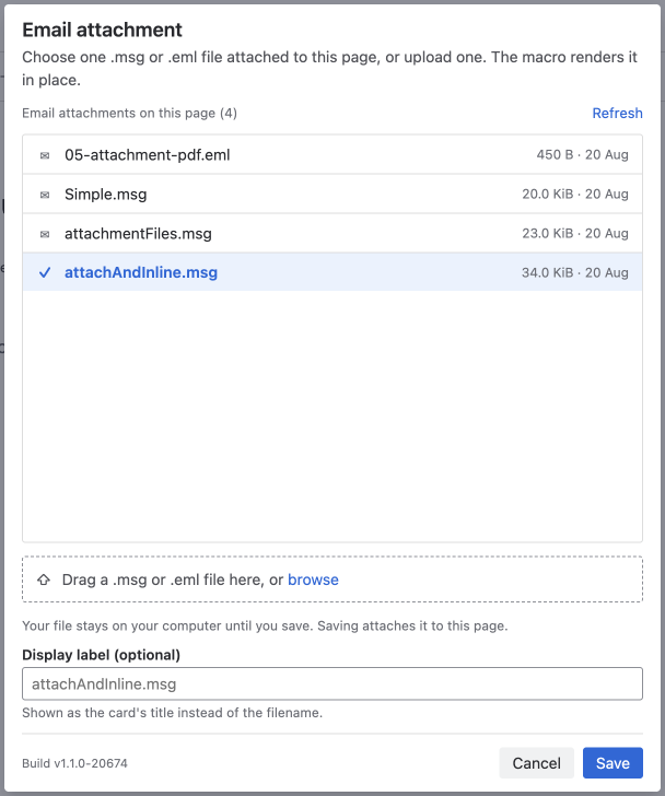 The Email attachment configuration panel: a list of the page's .msg and .eml attachments with sizes and dates, one row selected, a drag-and-drop upload area, a Display label field, and Cancel and Save buttons.