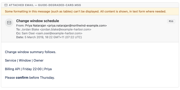 An email card with a note at the top saying some formatting such as tables cannot be displayed and that all content is shown in text form where needed, above the recovered message content.