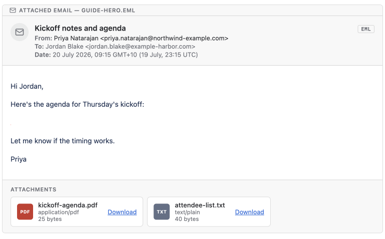 An email attached to a Confluence page rendered as a card: a provenance strip reading "Attached email", the subject with an EML badge, From, To and Date rows, the message body with an inline image, and two attachment tiles each with a Download link.