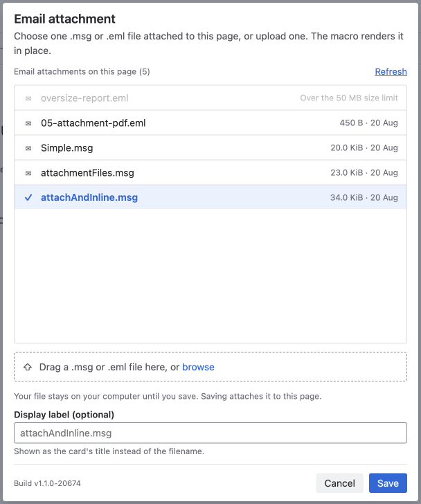 The attachment list in the configuration panel with one row greyed out and labelled "Over the 50 MB size limit", alongside selectable rows showing their sizes and dates.