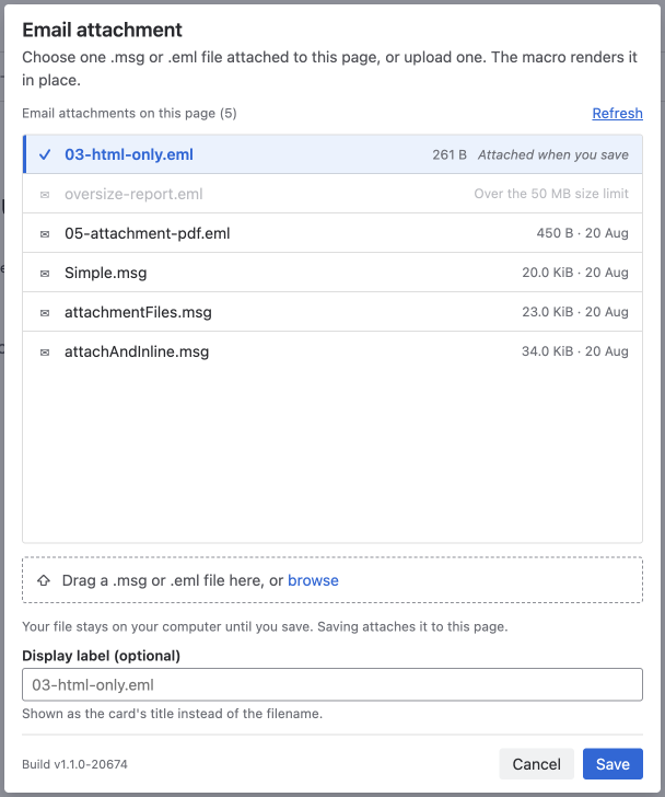 The configuration panel with a just-chosen file pinned at the top of the list, annotated "Attached when you save", above the note that the file stays on your computer until you save.