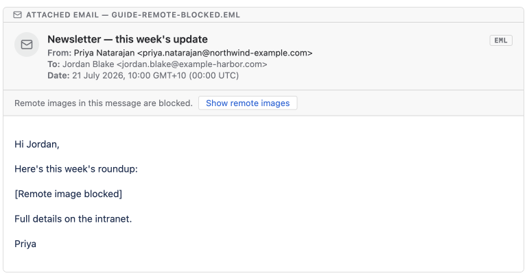 A rendered email card showing the notice "Remote images in this message are blocked." with a Show remote images button, and a placeholder in place of a remote image in the message body.