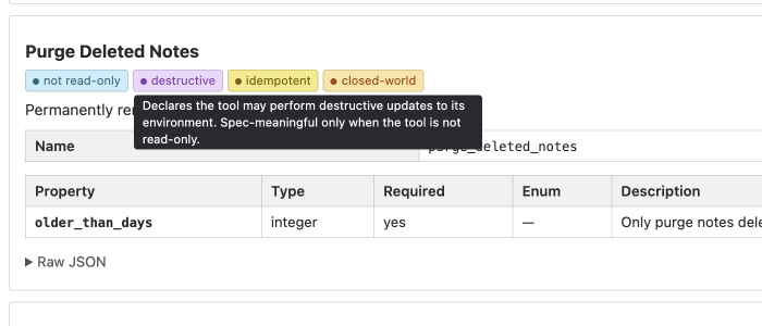 A capability card with a pill labelled "destructive" hovered, showing a tooltip that reads: Declares the tool may perform destructive updates to its environment. Spec-meaningful only when the tool is not read-only.