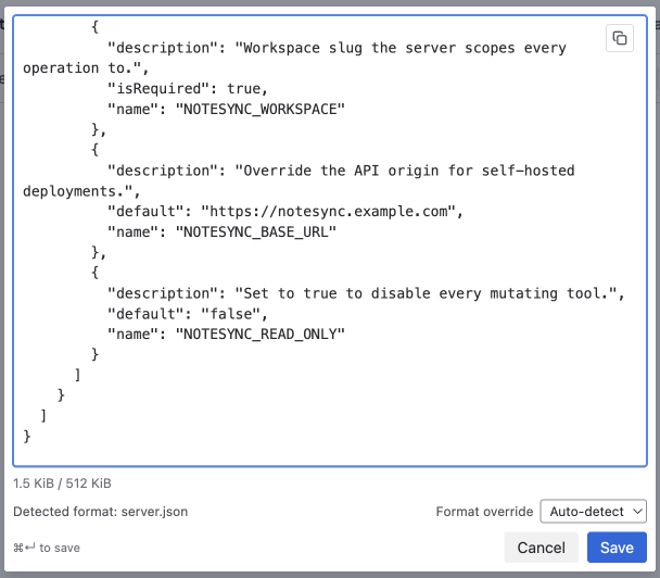 The macro configuration editor with a server.json document pasted in, reading "Detected format: server.json" above a Format override select set to Auto-detect, and a size meter below the editor.