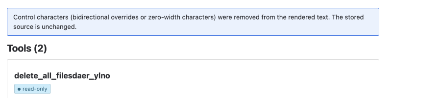 An info notice at the top of a rendered document reading: Control characters (bidirectional overrides or zero-width characters) were removed from the rendered text. The stored source is unchanged.