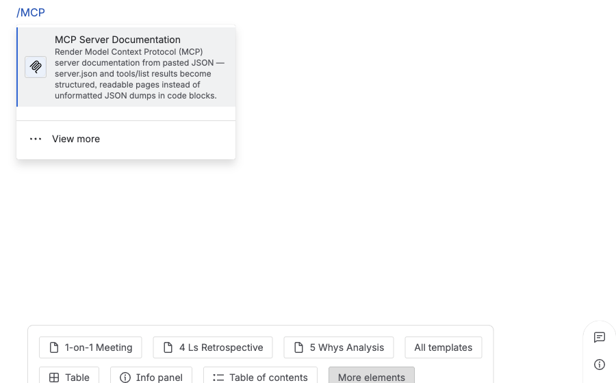 The Confluence macro browser showing the "MCP Server Documentation" macro, found by searching "mcp", with its icon and description visible.