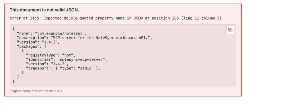 An error card reading "This document is not valid JSON.", showing a diagnostic message with a line and column, and the stored source rendered as a copyable code snippet beneath it.