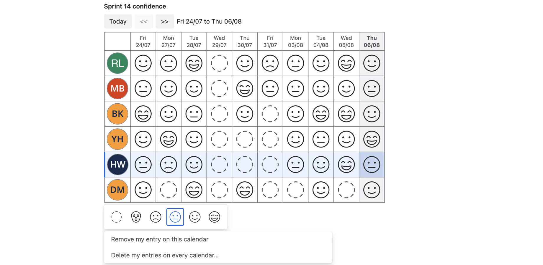 The entry picker open beneath a labelled calendar grid, showing six smiley glyphs from No entry to Great with the focused option outlined, today's cell highlighted in the signed-in user's own row, and two delete options beneath the picker: Remove my entry on this calendar, and Delete my entries on every calendar.
