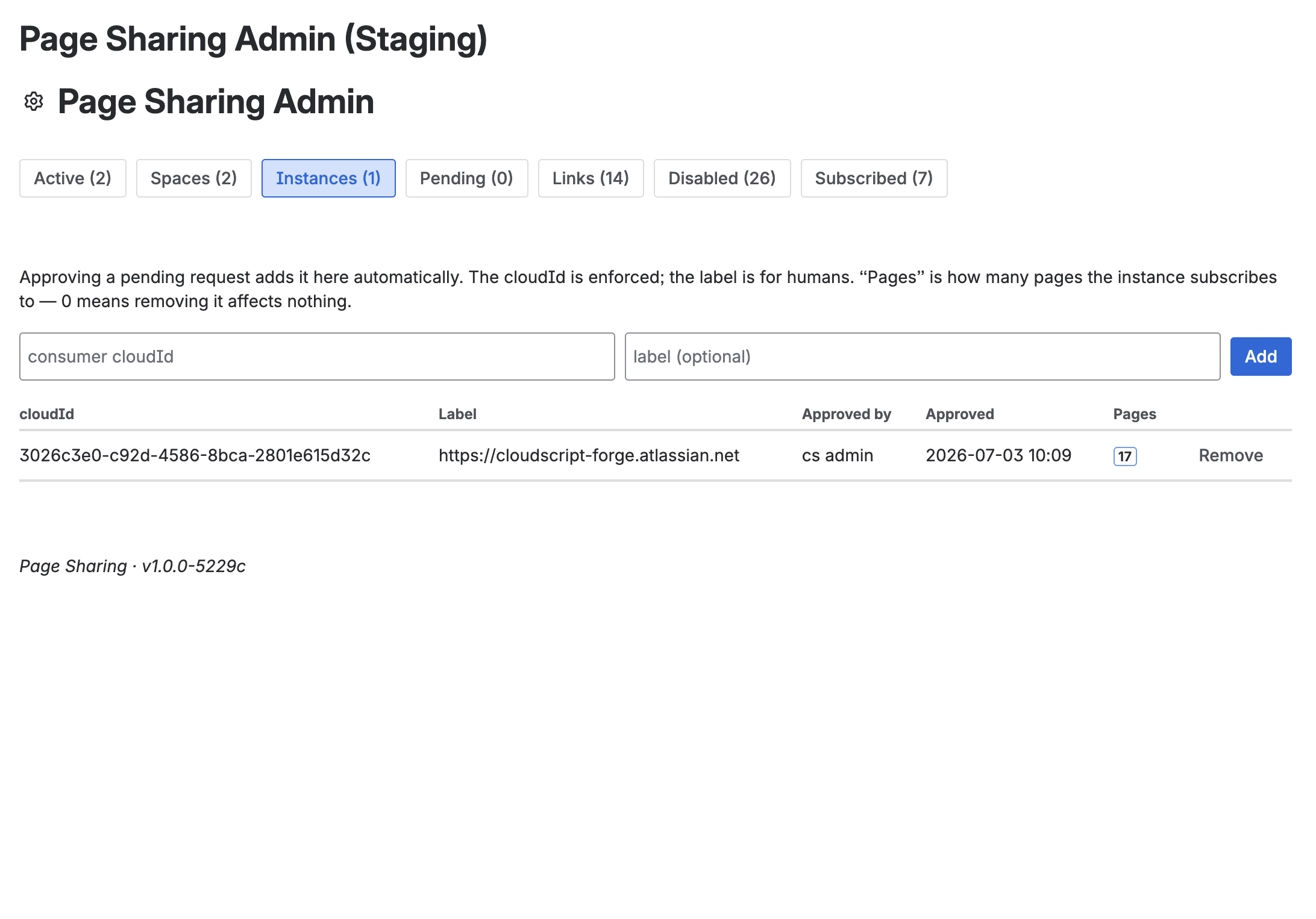 The admin Instances tab listing approved cloud IDs