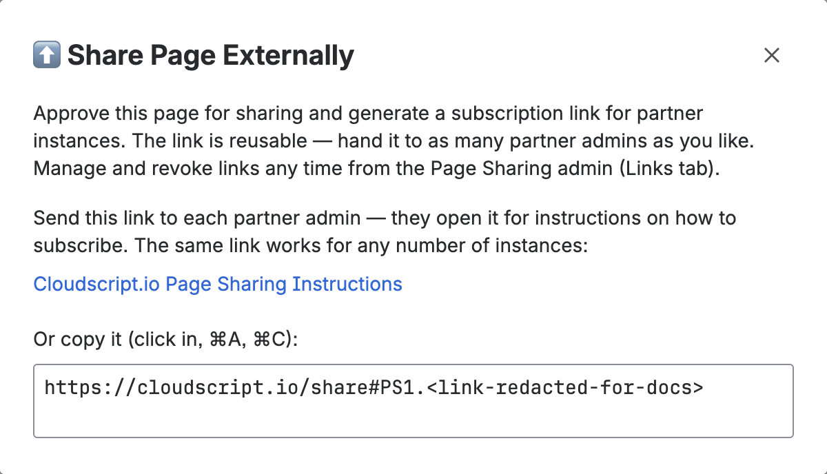 The share dialog with the generated reusable subscription link