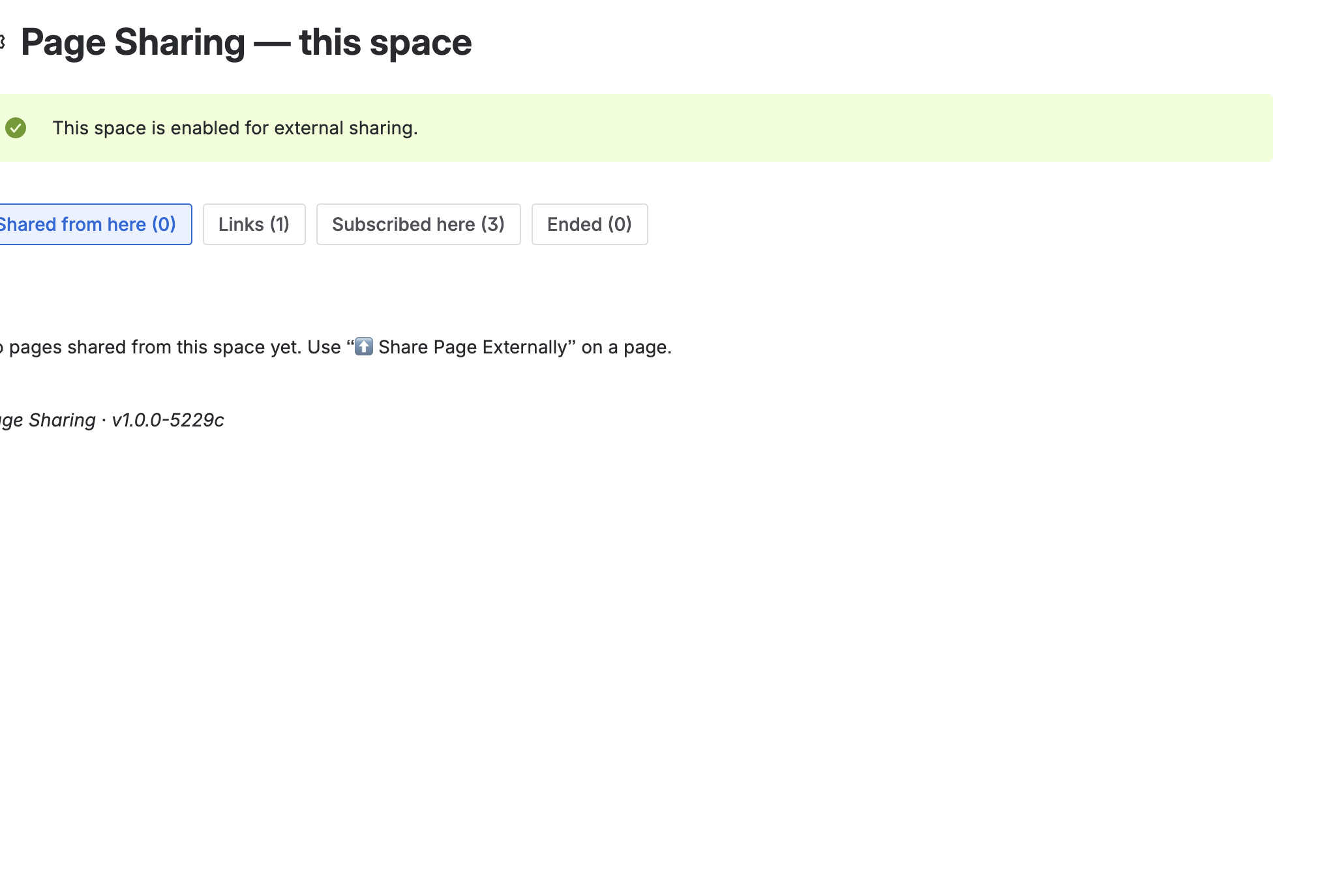 The space settings Page Sharing panel: an enablement banner above the space's shared pages and their subscribers
