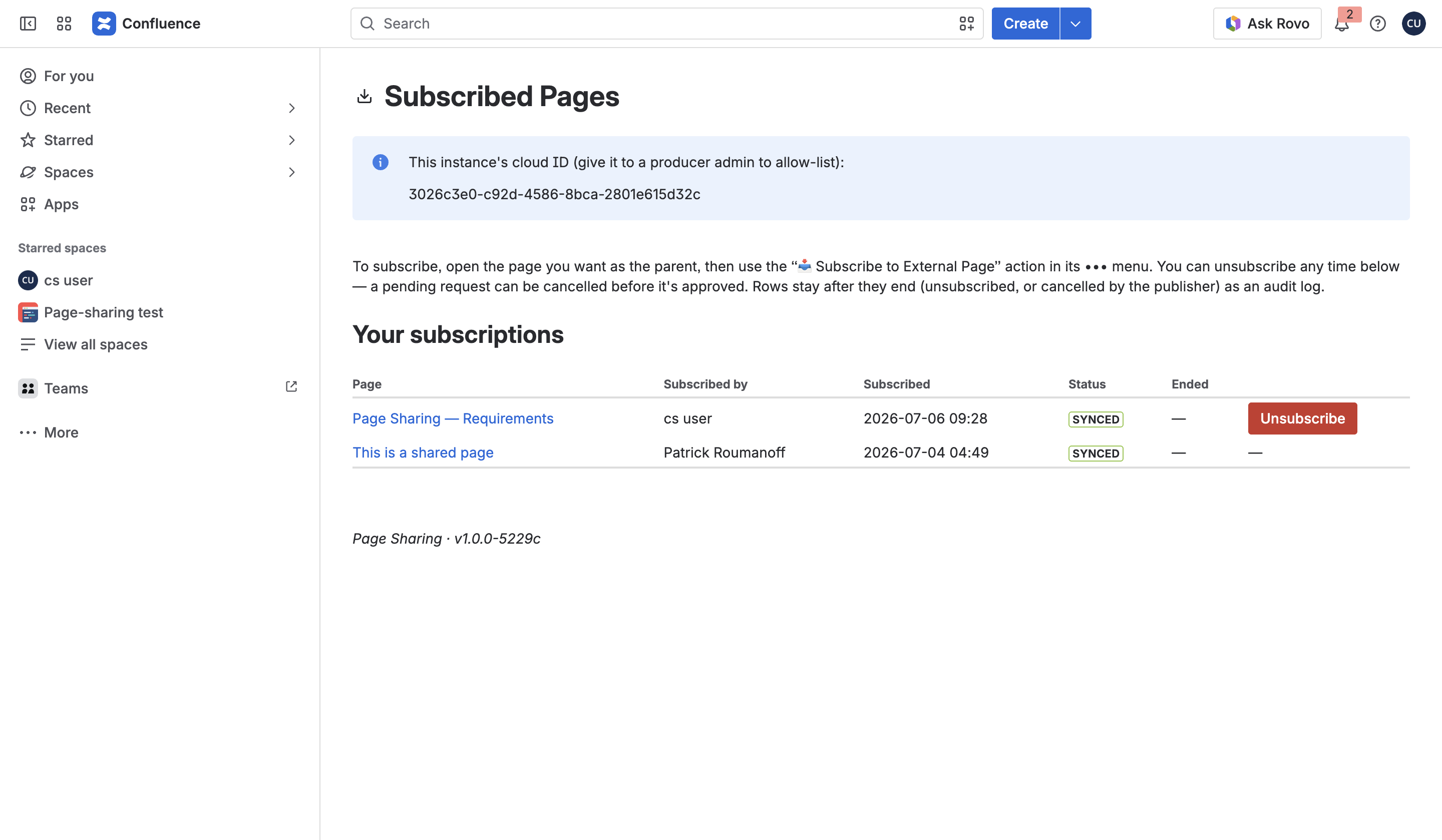 The Subscribed Pages management page listing subscriptions and the site cloud ID
