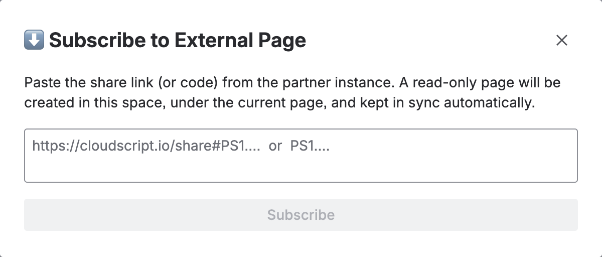 The subscribe dialog where you paste the share link