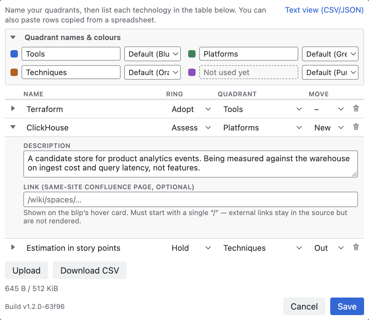 The macro editor as it opens for a new macro: the Quadrant names and colours panel expanded with four name fields and colour selectors, three example rows in the table beneath it with the second row expanded to show its Description and Link fields, and the Upload and Download CSV buttons in the footer.