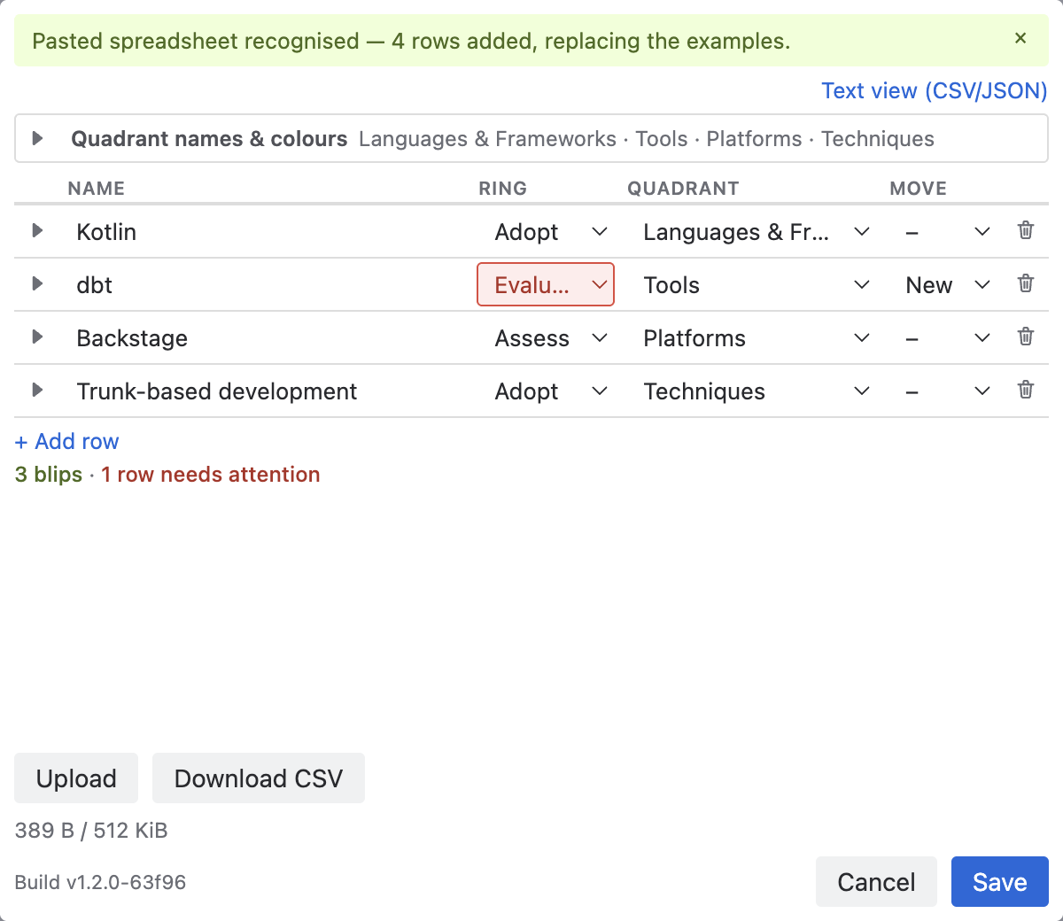 The table after a spreadsheet paste: a notice reading Pasted spreadsheet recognised with the number of rows added, and one row whose ring cell holds an unrecognised value flagged for attention.