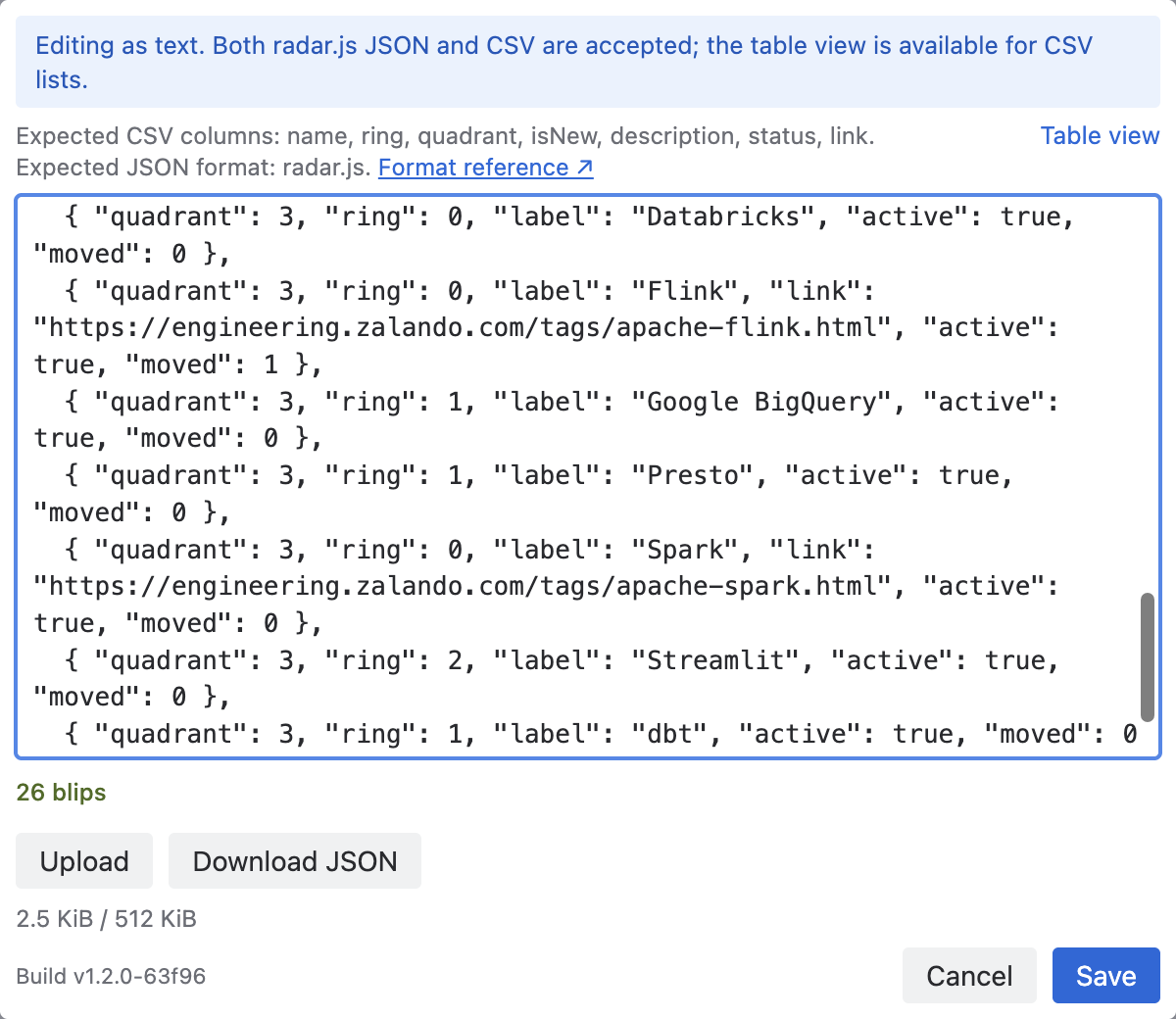 The macro editor in Text View holding a radar.js JSON list, with the format hint above the editor naming the CSV columns and the JSON format, the Table view option top right, and the Upload and Download JSON buttons in the footer.