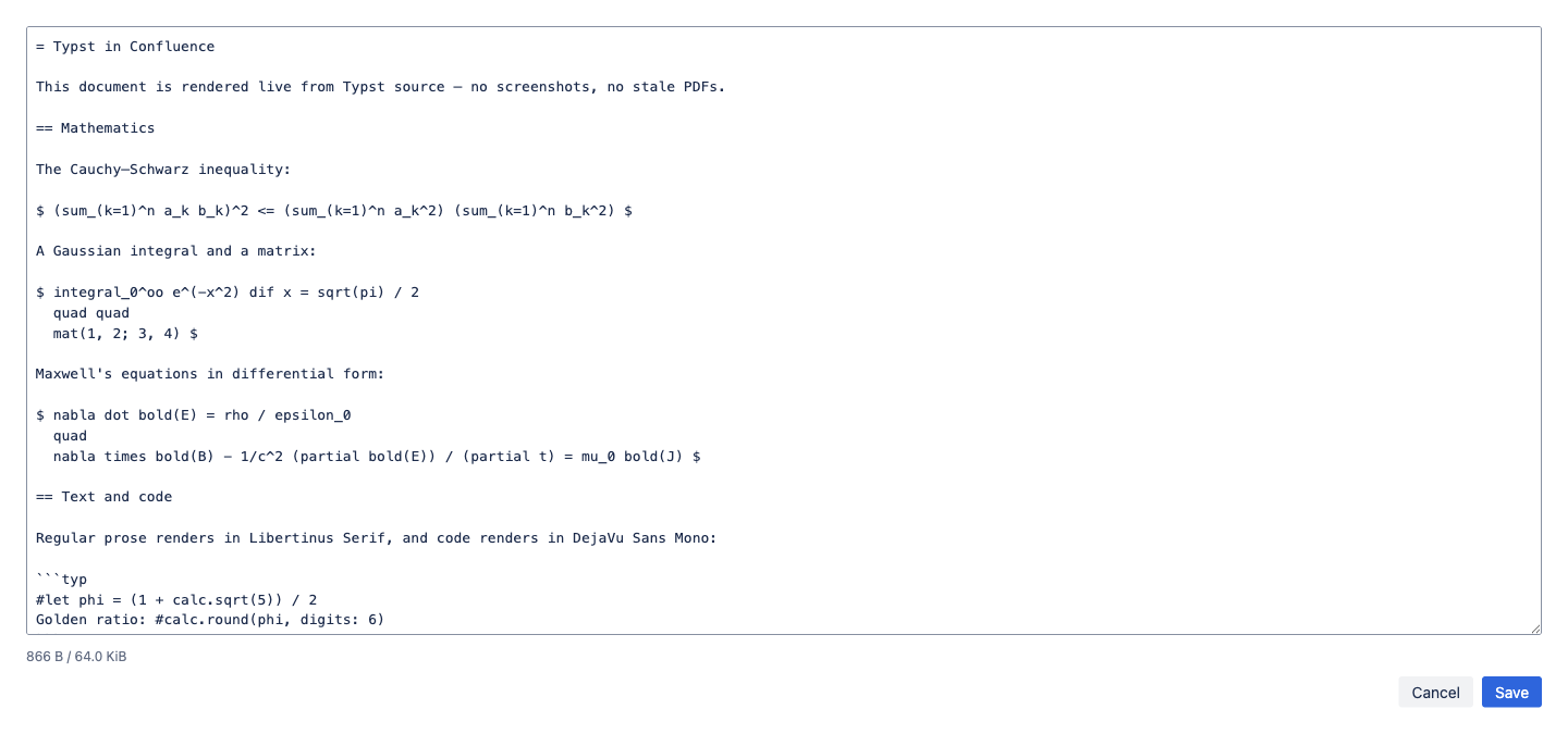 The Typst source configuration editor with sample source pasted in, a size meter reading 866 bytes of 64 KiB, and Cancel and Save buttons.