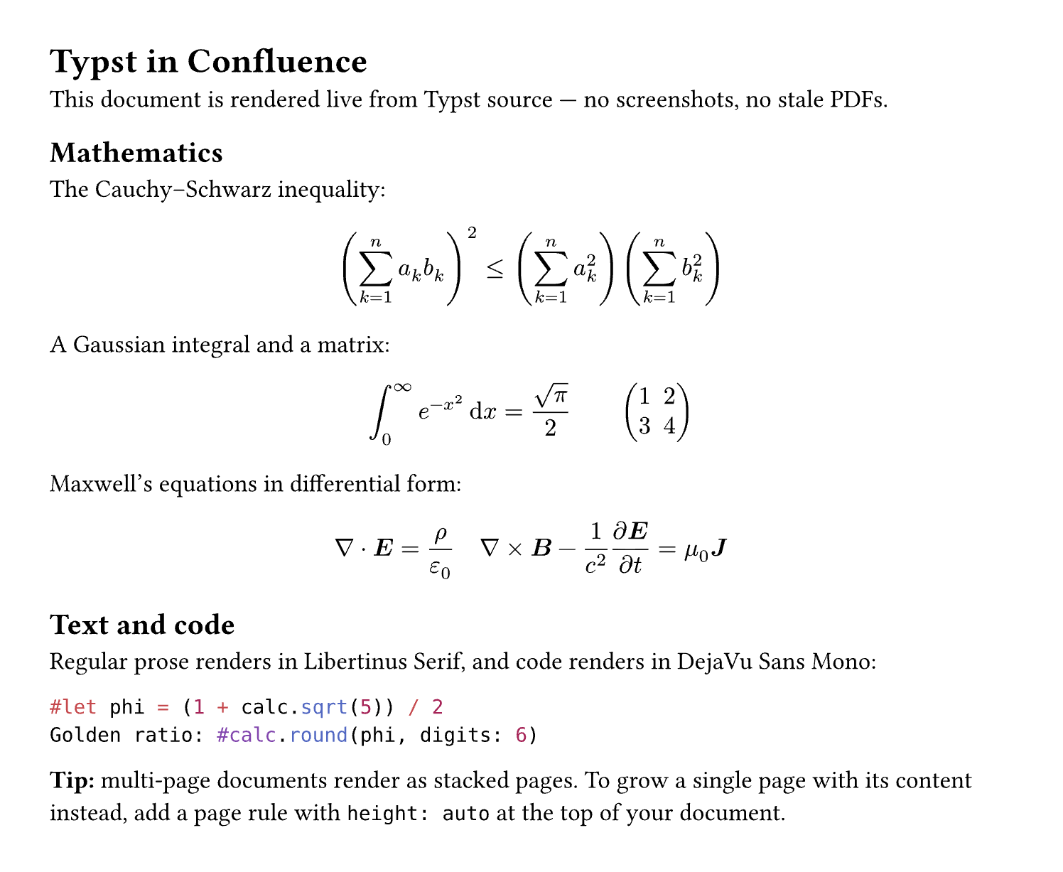 The bundled maths sample rendered on the page: the Cauchy-Schwarz inequality, a Gaussian integral, a matrix, and Maxwell's equations, followed by prose and a syntax-highlighted code block.